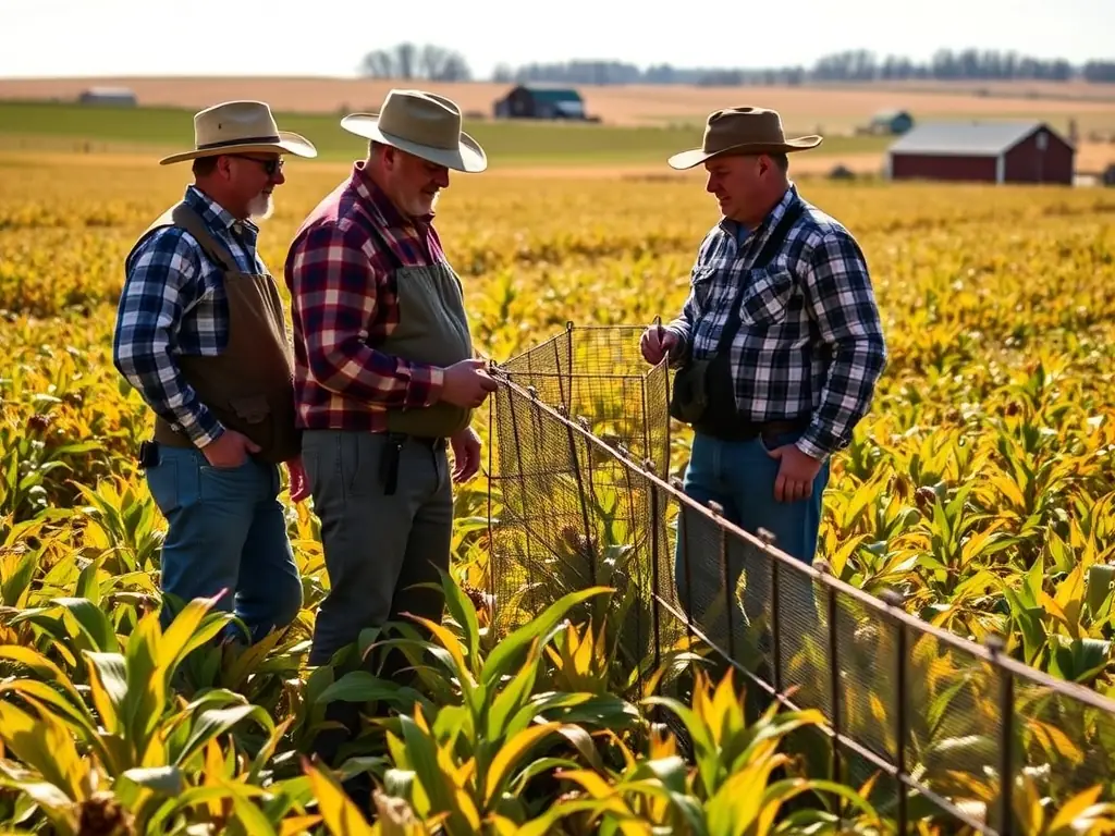 An image showing a group of farmers and hunters collaborating on a project to protect crops from wildlife damage, highlighting the organization's role in agricultural defense.