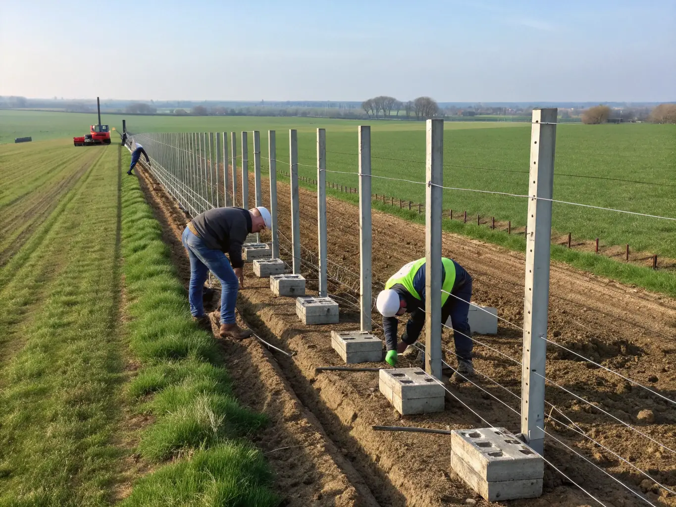 A photograph illustrating the installation of protective fencing around agricultural fields, highlighting the organization's efforts to protect crops from wildlife damage.