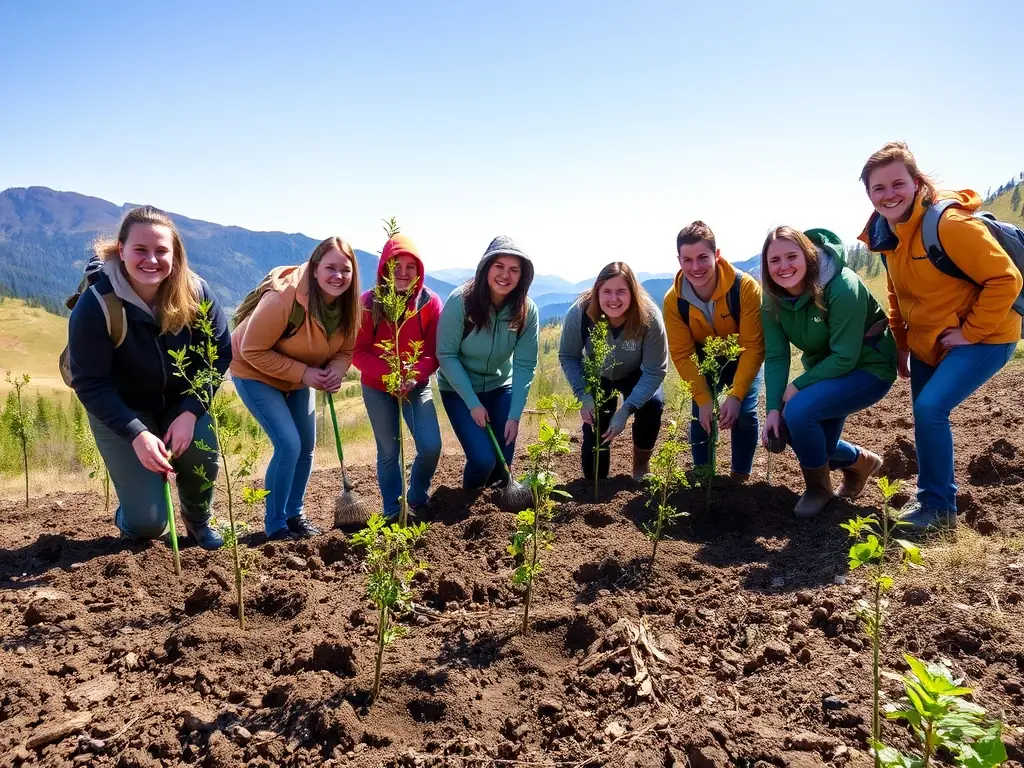 A photograph capturing volunteers planting trees in a deforested area, symbolizing the organization's commitment to reforestation and habitat restoration.