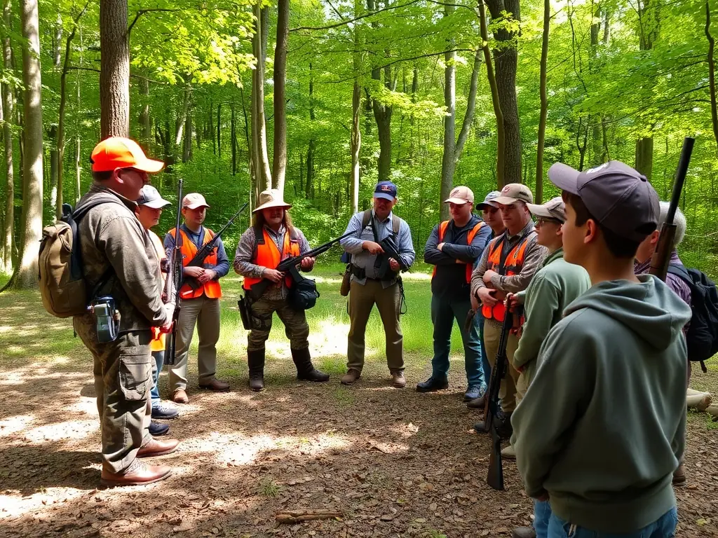 A photograph depicting a group of hunters participating in a controlled hunt, emphasizing responsible hunting practices and wildlife management.