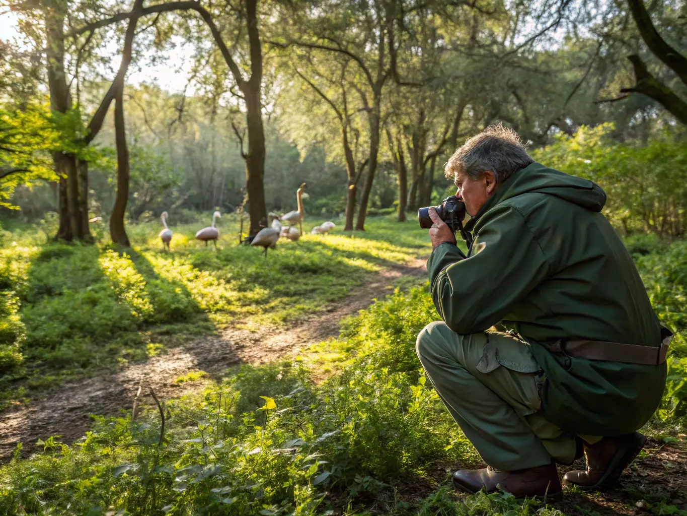 A photograph of a wildlife conservationist monitoring animal populations in their natural habitat, highlighting the organization's dedication to protecting endangered species and preserving biodiversity.