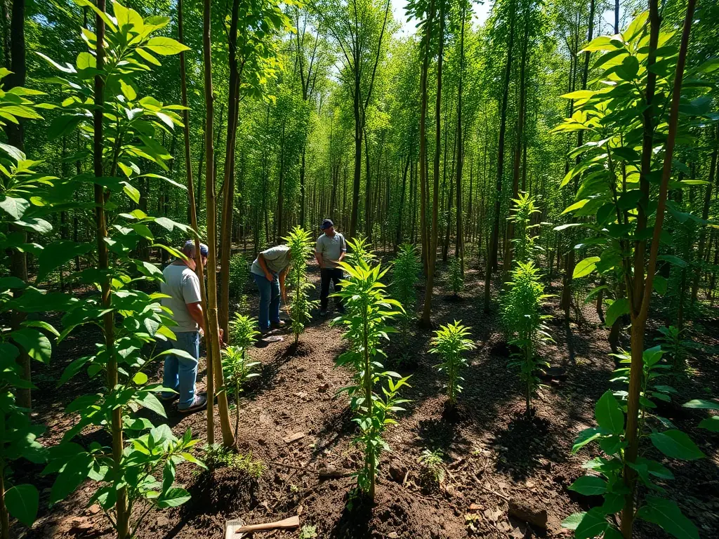 A photograph depicting a group of volunteers planting trees in a deforested area, symbolizing the organization's reforestation efforts.