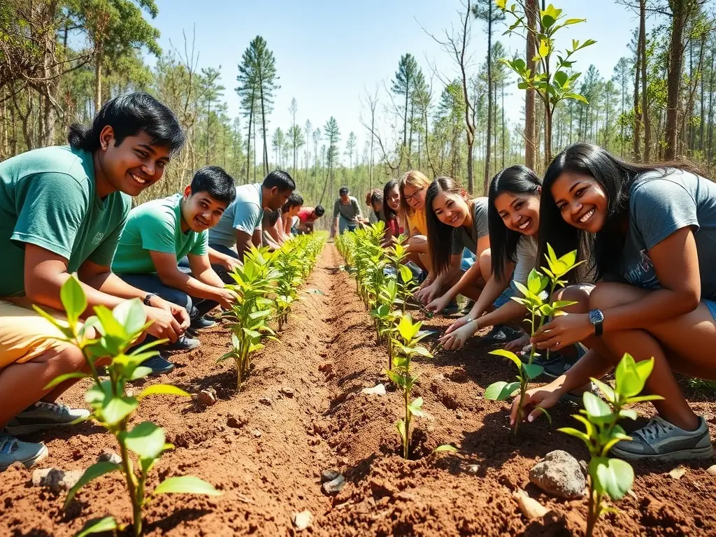 A photograph depicting a group of volunteers planting trees in a deforested area, symbolizing the organization's commitment to reforestation and habitat restoration.