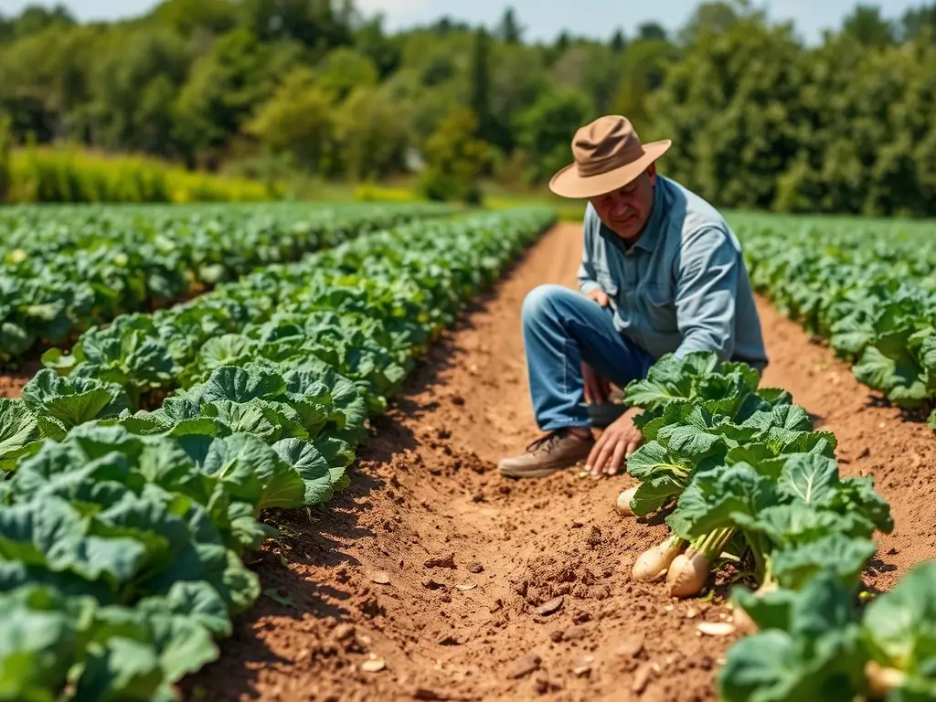 A photograph showcasing a farmer using sustainable agricultural techniques, such as crop rotation or no-till farming, to promote soil health and reduce environmental impact.