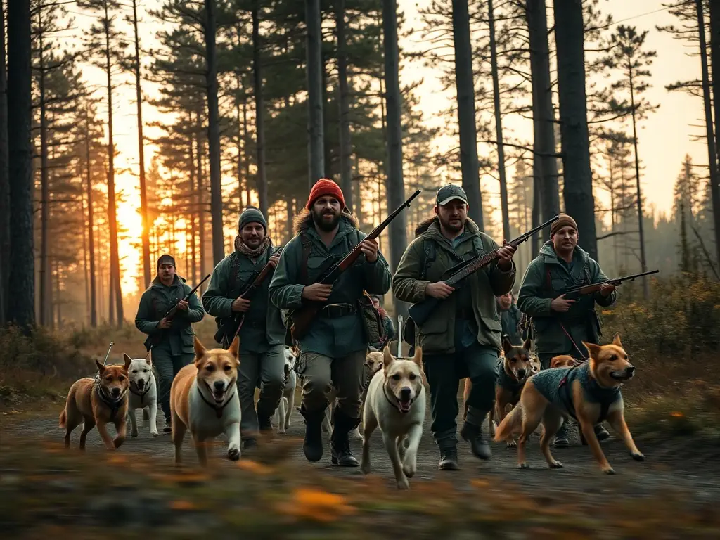 A photograph capturing a group of hunters participating in a regulated hunt, emphasizing responsible hunting practices and adherence to conservation guidelines.