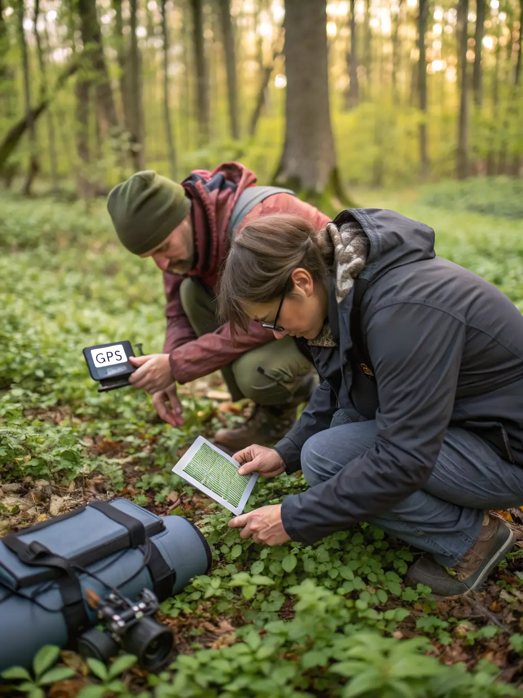 An image depicting a wildlife monitoring team using binoculars and GPS devices to track animal populations in their natural habitat.