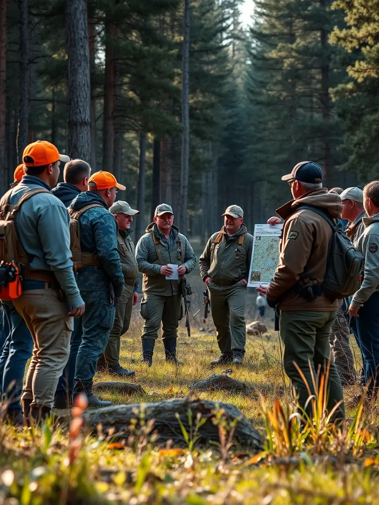 A photo showing a group of hunters participating in a training session on responsible hunting practices and wildlife conservation.