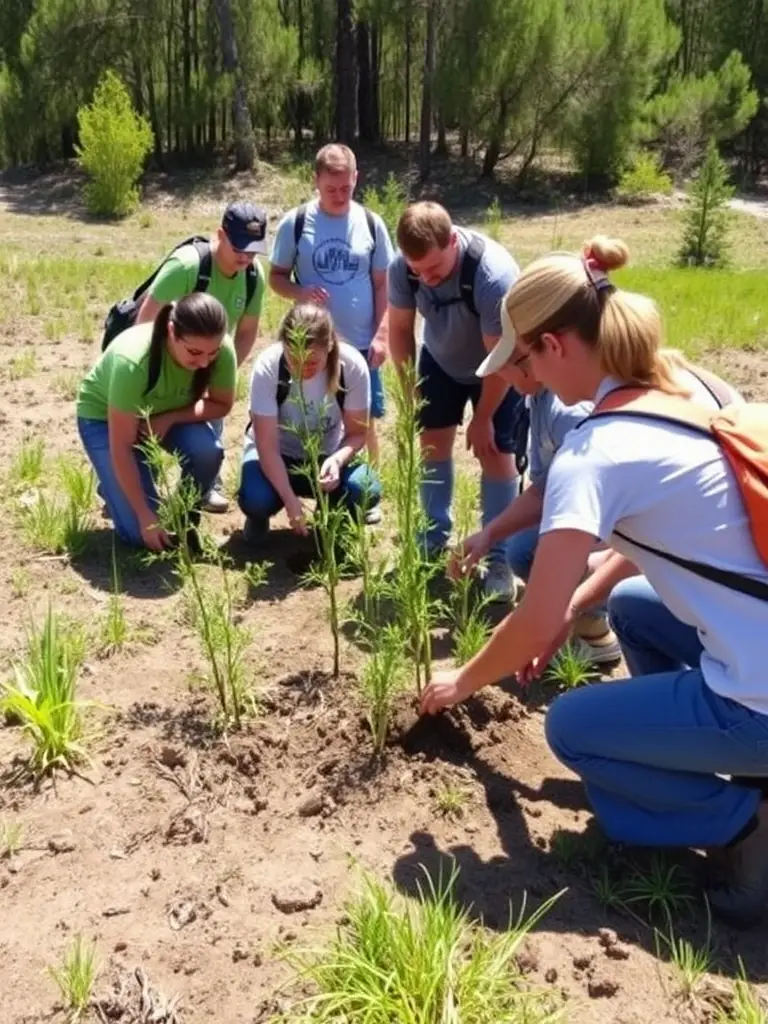A photograph capturing a group of volunteers planting trees in a deforested area, symbolizing habitat restoration efforts.